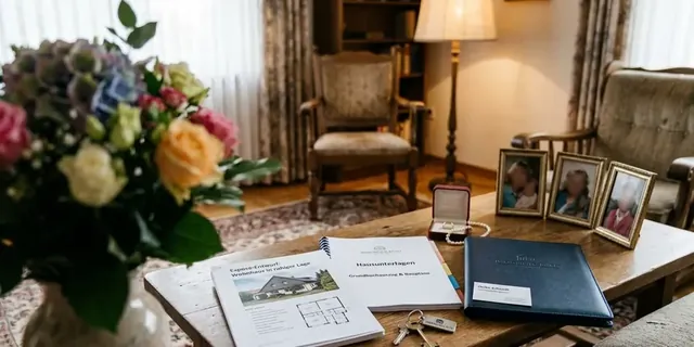 Wohnzimmer mit Blumenstrauß, Fotos und Unterlagen - Immobilie aus einer Erbengemeinschaft